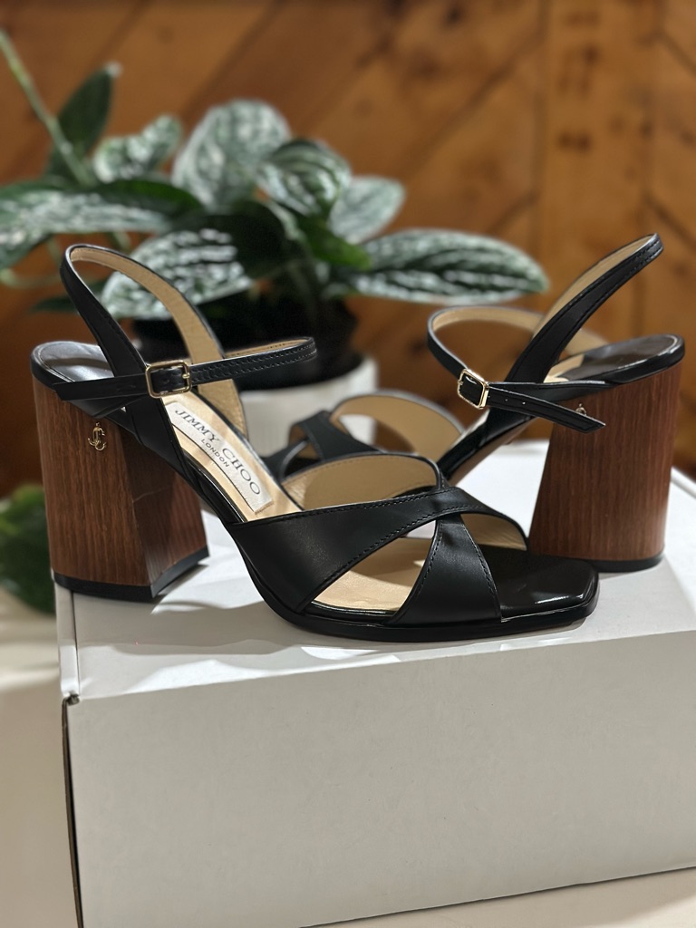 Jimmy Choo Black Leather Cross-Strap Block Heel Sandals